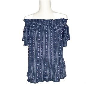 Violets & Roses Ballari Blue Printed Off The Shoulder Short Sleeve Top Medium